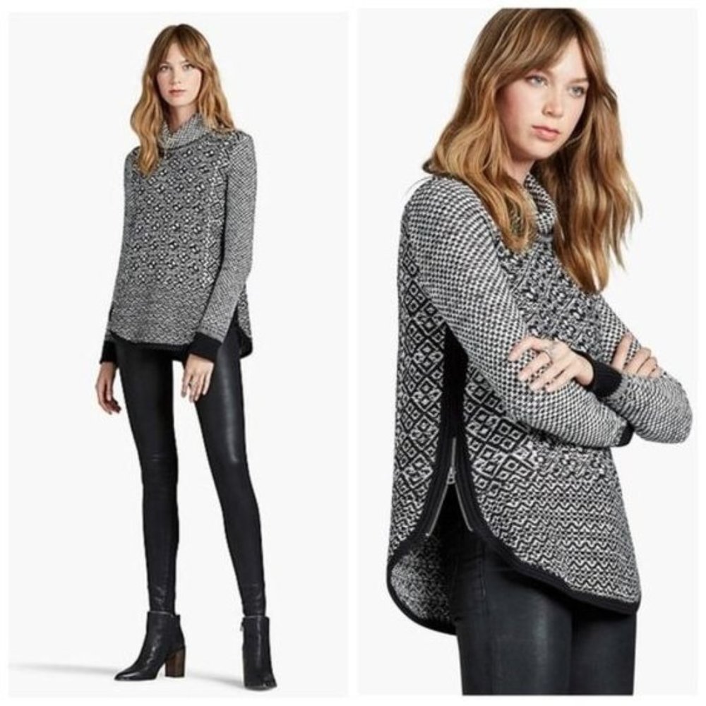 Lucky Brand Side Zip Cowl Neck Black and White Patterned Sweater Size XS